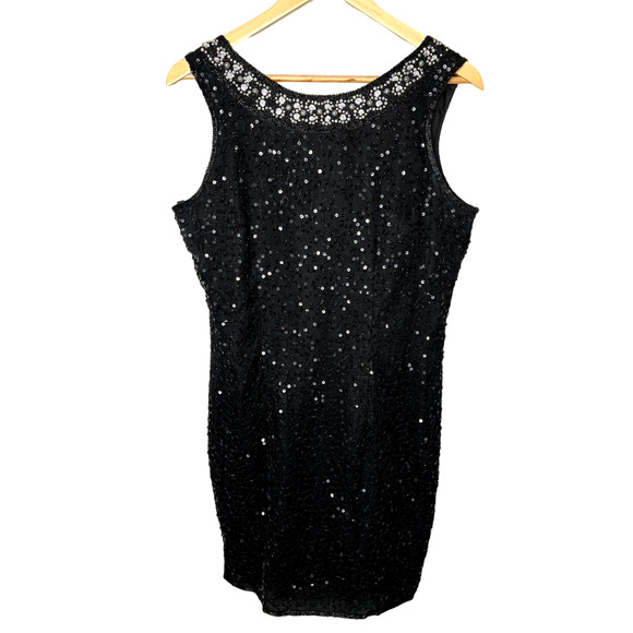 VINTAGE 1970s Stenay 8 Beaded Pearls Sequins Sleeveless Dress 100% Silk Black - Picture 3 of 8